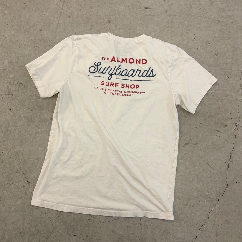 Almond Surfboards Surf Shop Graphic T-Shirt Mens Large Cream Costa Mesa CA